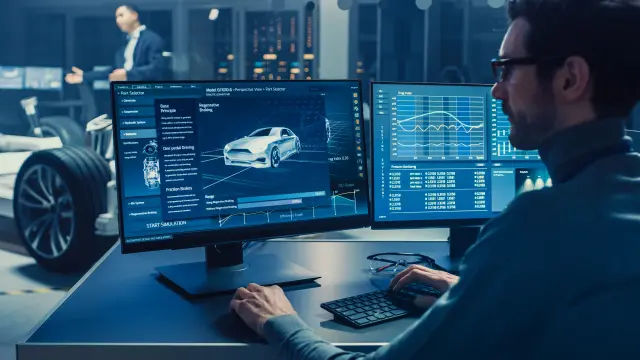 um homem, possivelmente engenheiro, mexendo no computador com duas telas. nelas contem gráficos 